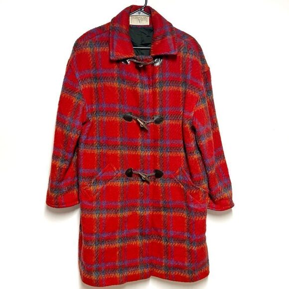 Rare 80’s Vintage Red Plaid Yugoslavian Wool Toggle Duffle Coat Women’s Sz XL - Picture 1 of 6